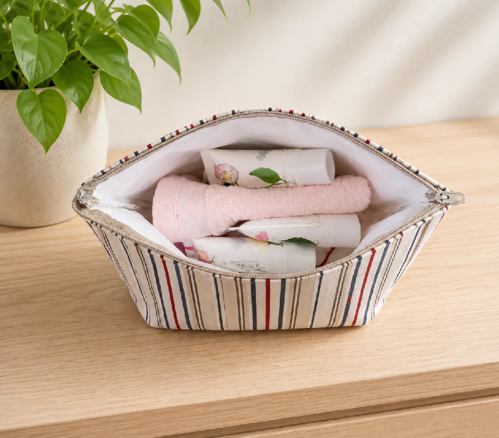 Handmade Fabric Washbag | Natural Fine Stripes White & Blue Design - Image 3