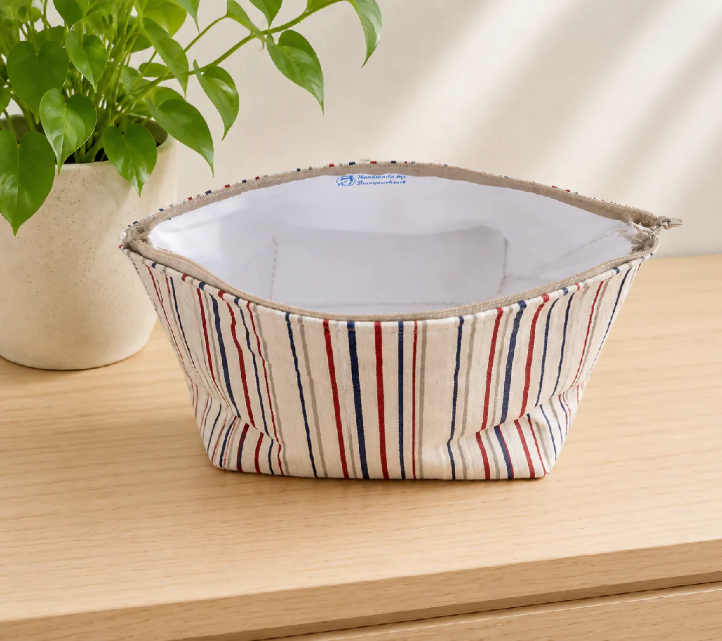 Handmade Fabric Washbag | Natural Fine Stripes White & Blue Design - Image 4