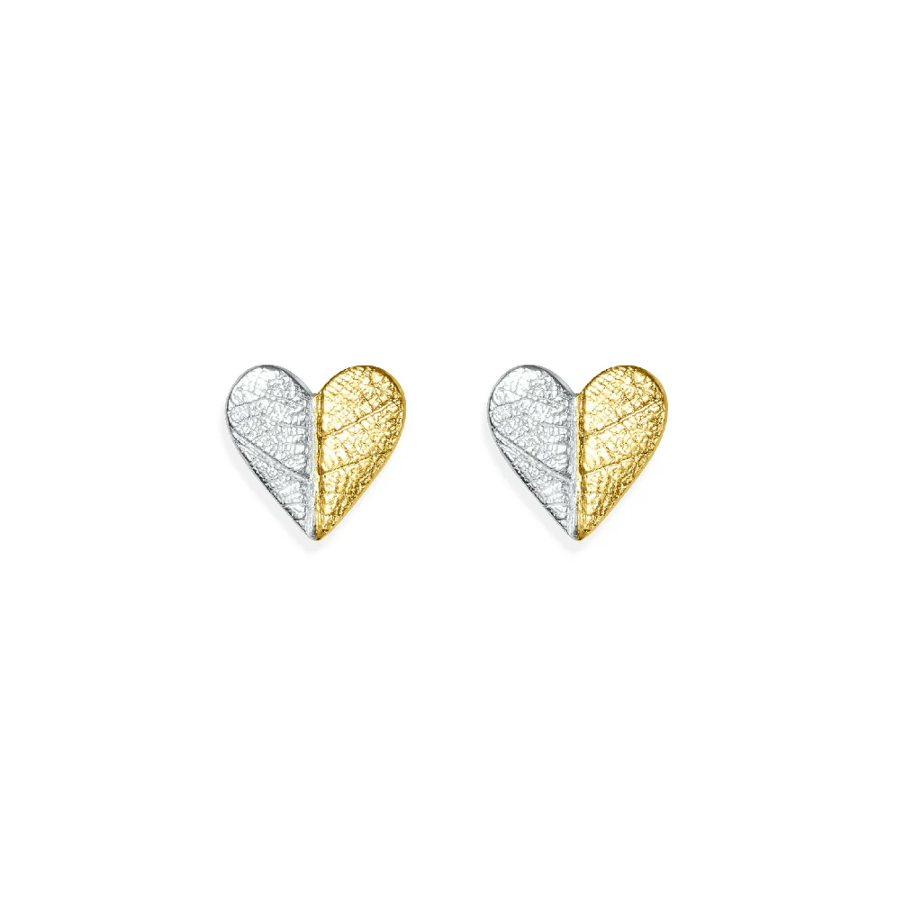 Handmade Gold and Silver Heart Stud Earrings with Leaf Texture - Image 6