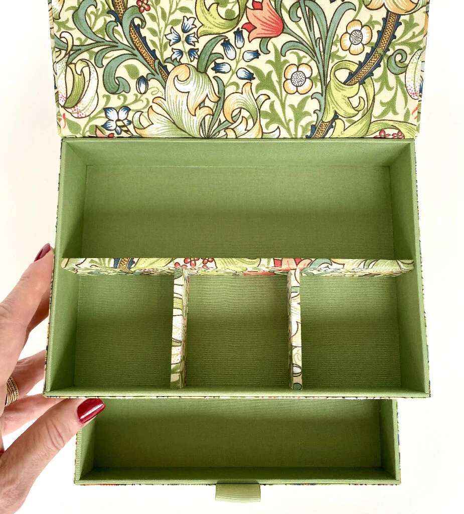 Handmade Golden Lily Box | William Morris Fabric Keepsake Organiser with Magnetic Closure - Image 6