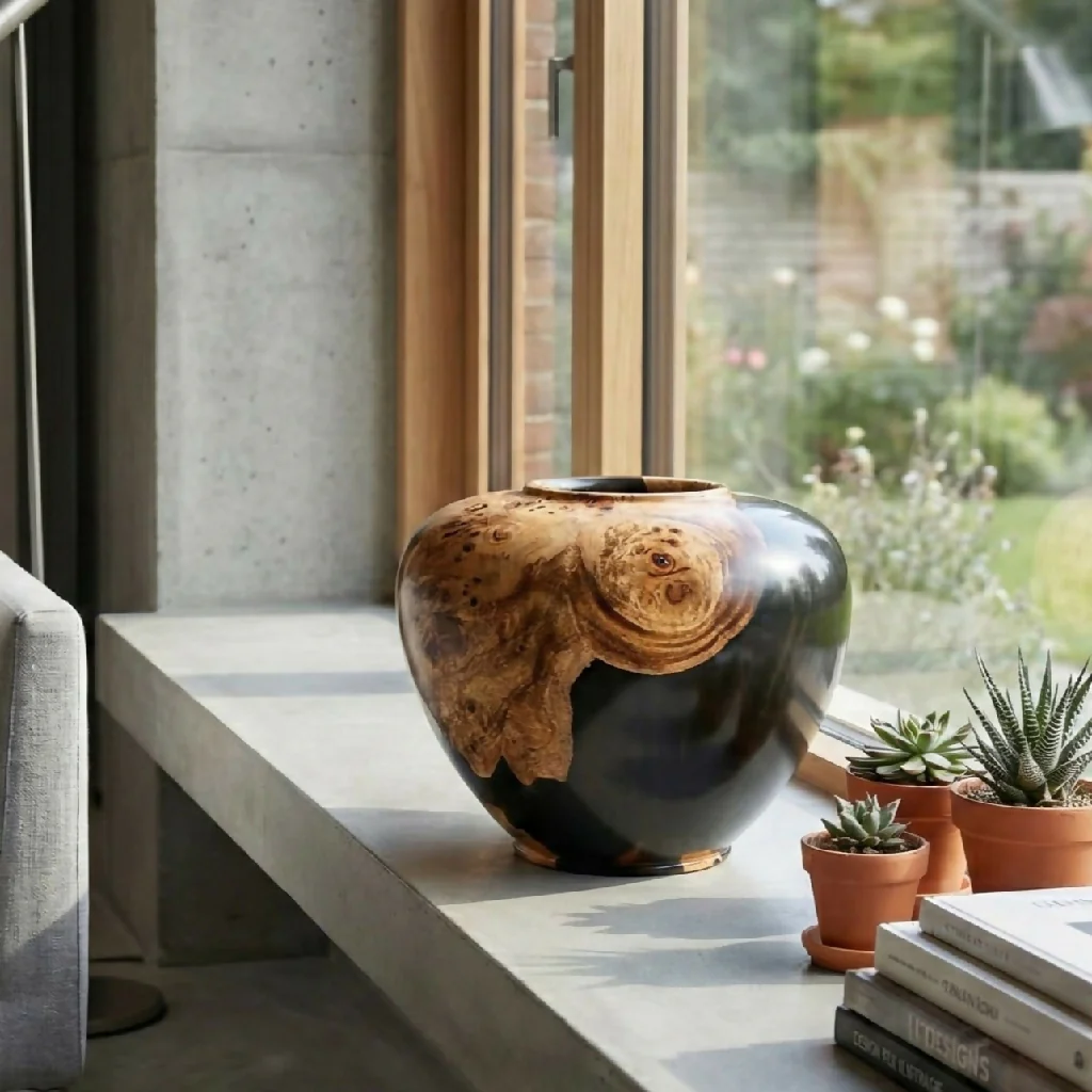 Handmade Mappa Burr and Black Resin Hollow Form (165mm) - Image 2