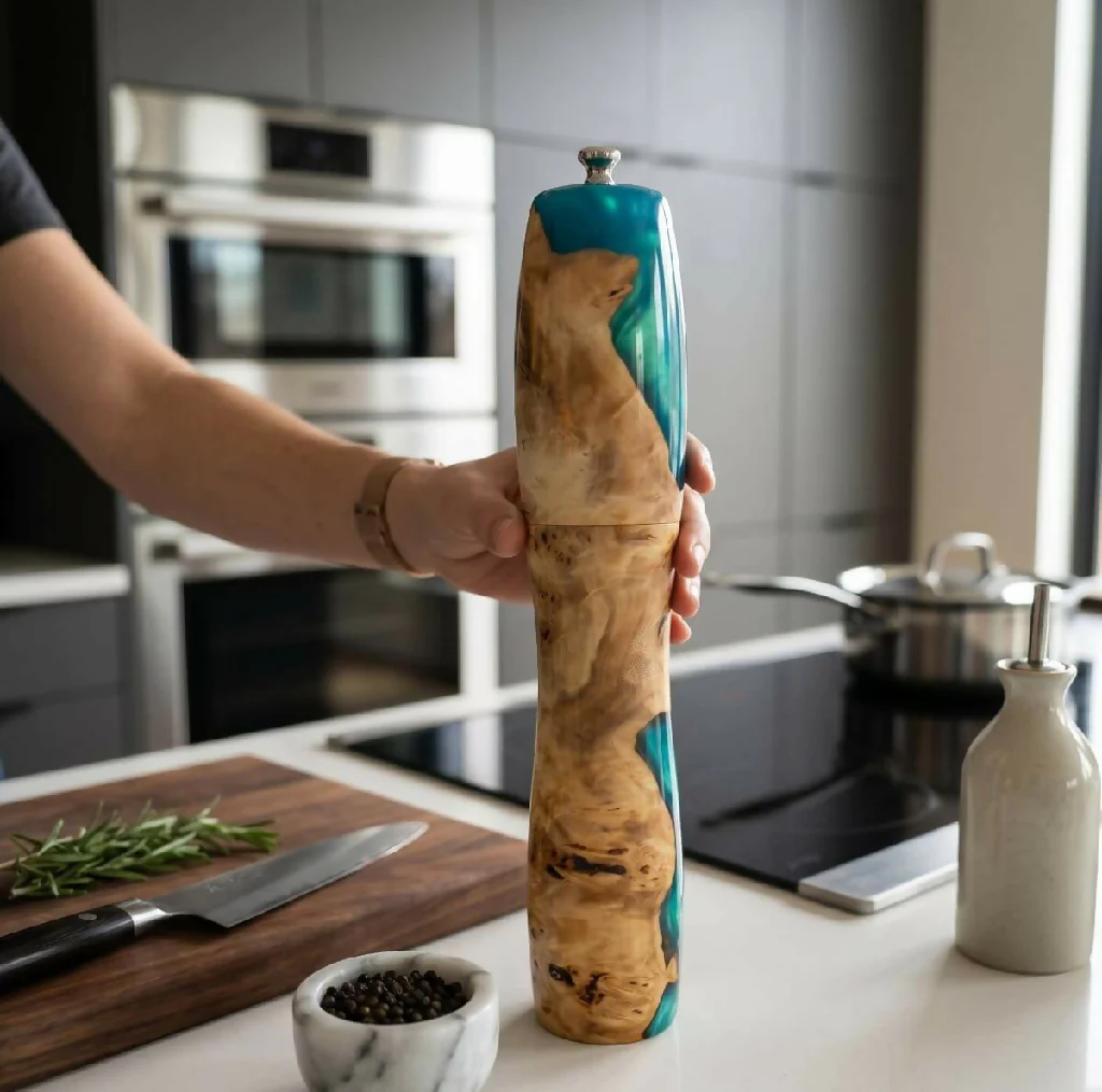 Handmade Mappa Burr and Turquoise Resin Pepper Mill | Handmade Kitchen Gifts
