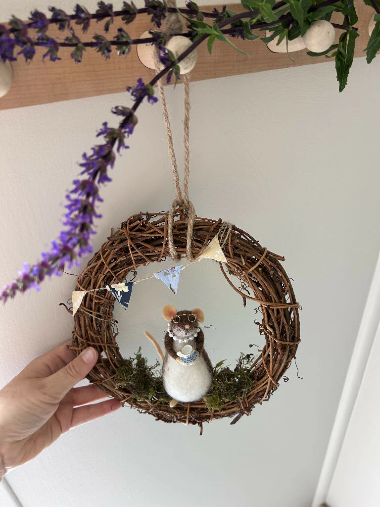Handmade Needle-Felted Lady Mouse with Teacup on Rustic Wreath - Image 5