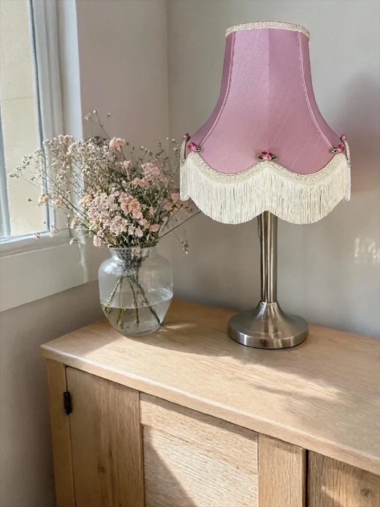 Handmade rose pink fabric lampshades with pink rose buds and green leaves - Available in 8 sizes - Image 2