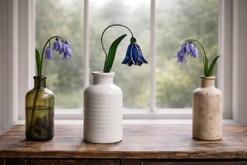 Handmade Stained Glass Bluebell – Single Stem in Cobalt Blue & White Wispy Glass - Image 2