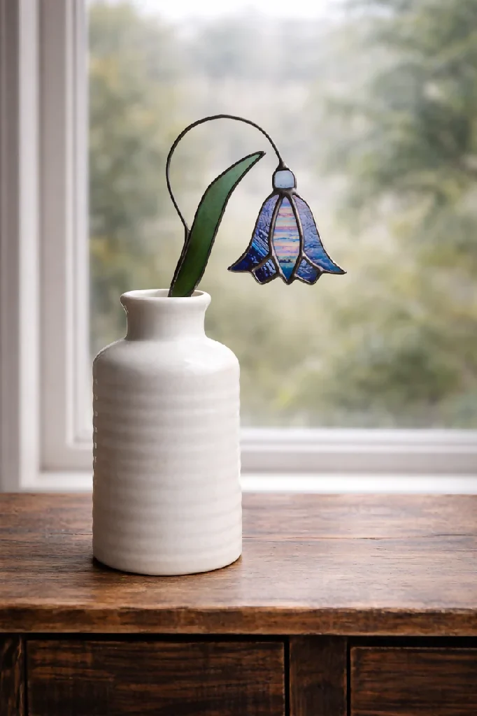 Handmade Stained Glass Bluebell – Single Stem in Cobalt Blue & White Wispy Glass - Image 3