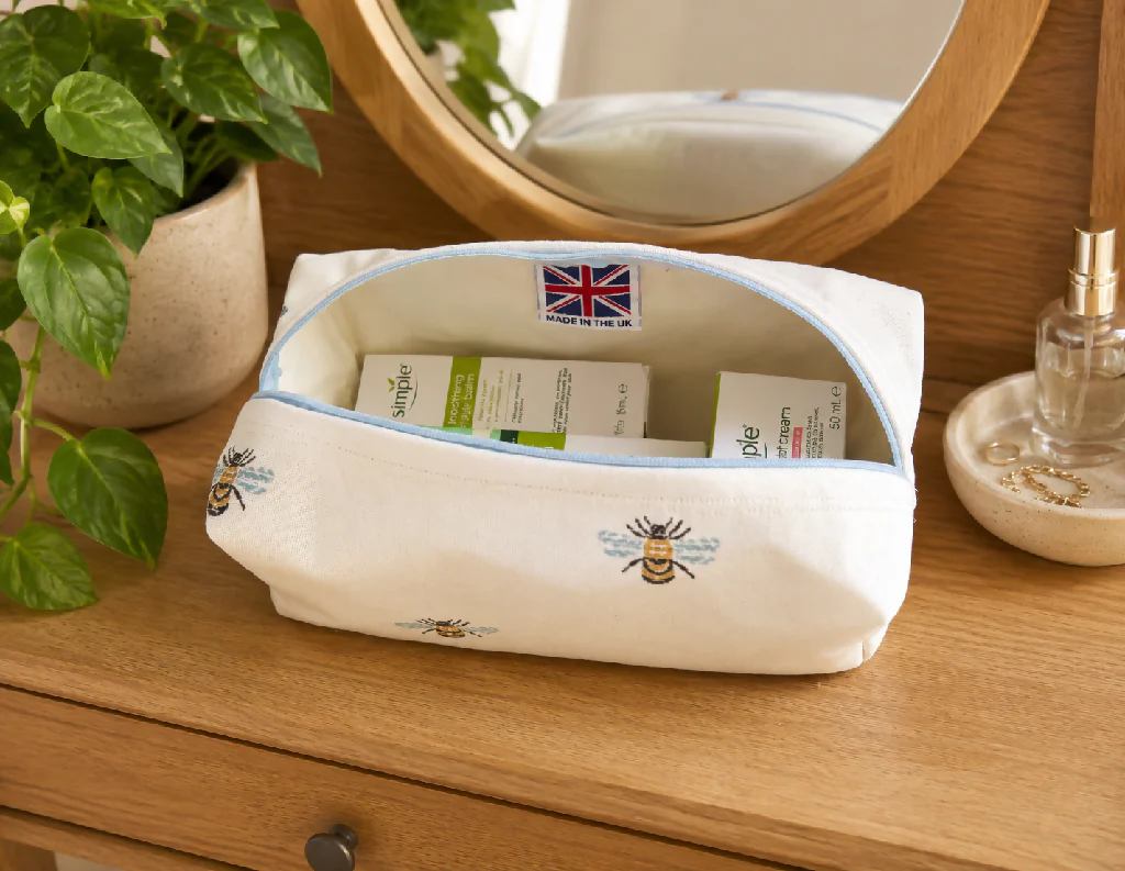 Handmade White Bee fabric Wash Bag – Travel Toiletries - Image 2