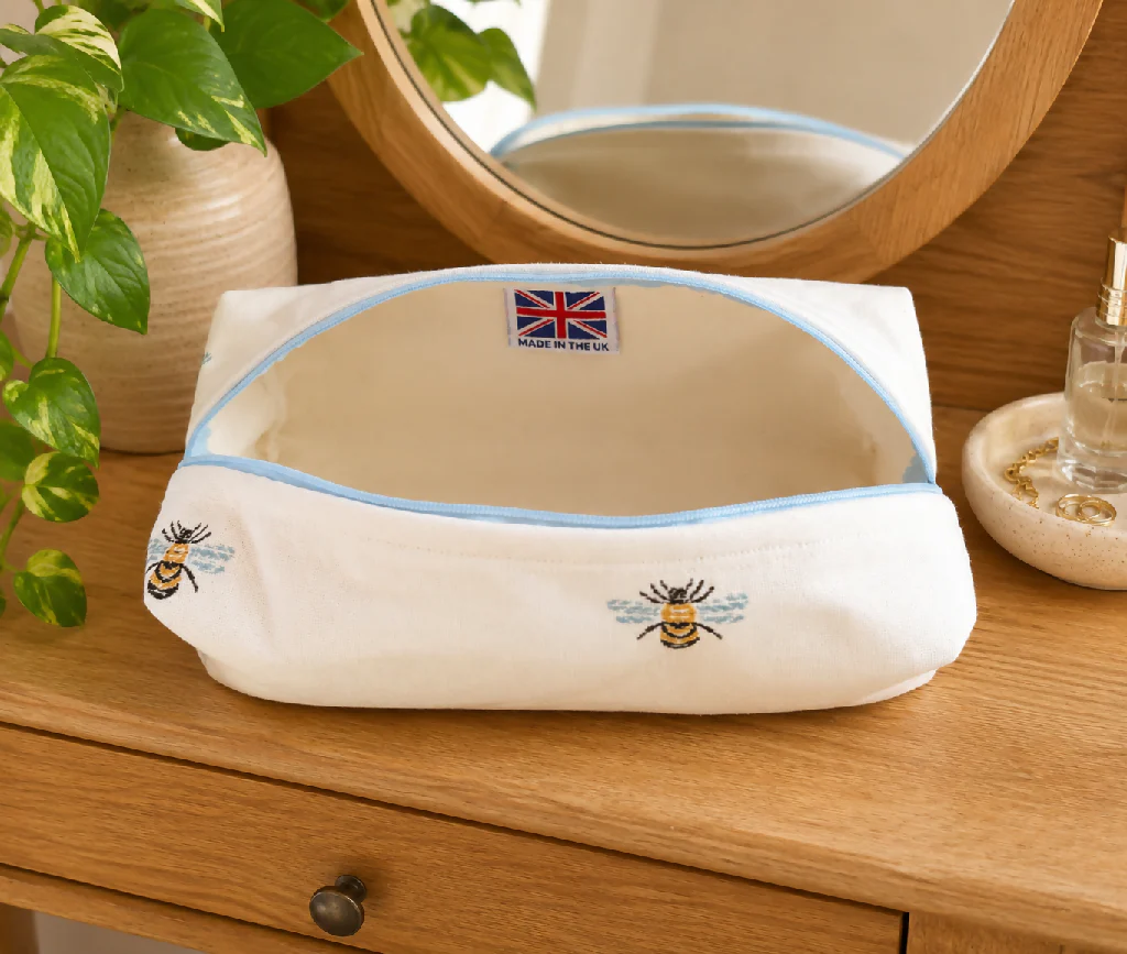 Handmade White Bee fabric Wash Bag – Travel Toiletries - Image 3