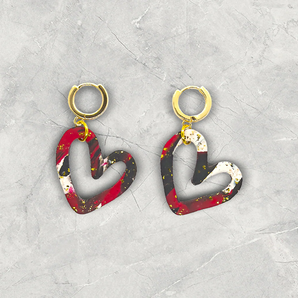 Heart Huggie Earrings | Sarah | Marbled Red