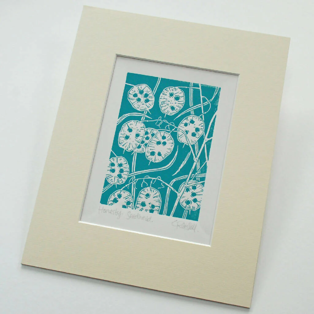 Honesty Seedhead in Teal Blue - Open Ended Edition - Original Linocut Print - Image 2