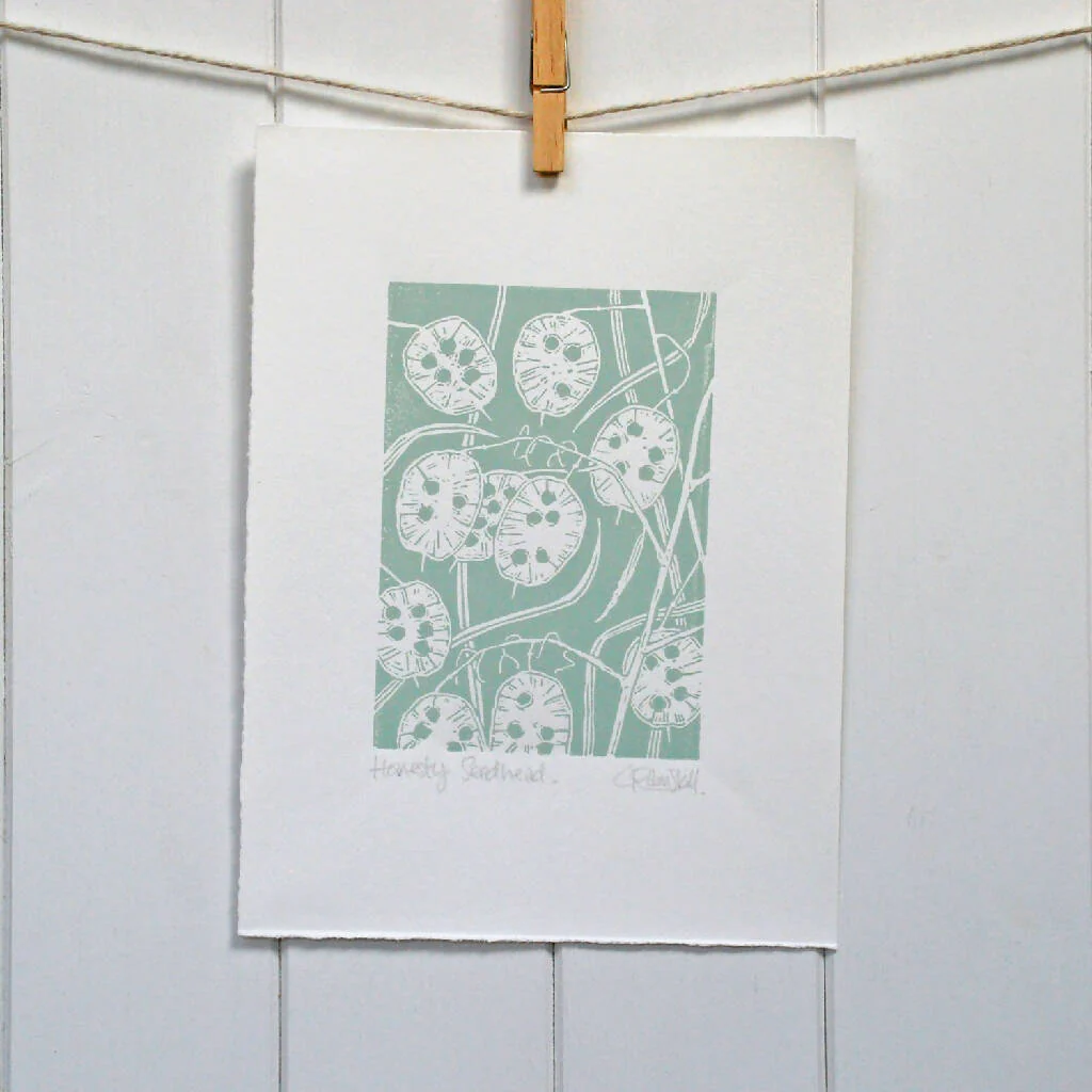 Honesty Seedhead in Teal Blue - Open Ended Edition - Original Linocut Print - Image 4