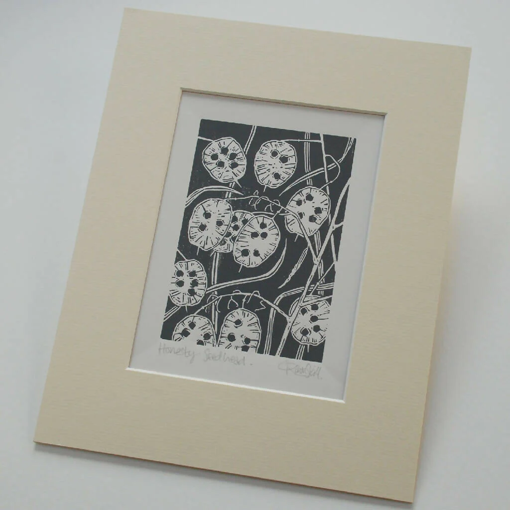 Honesty Seedhead in Teal Blue - Open Ended Edition - Original Linocut Print - Image 7