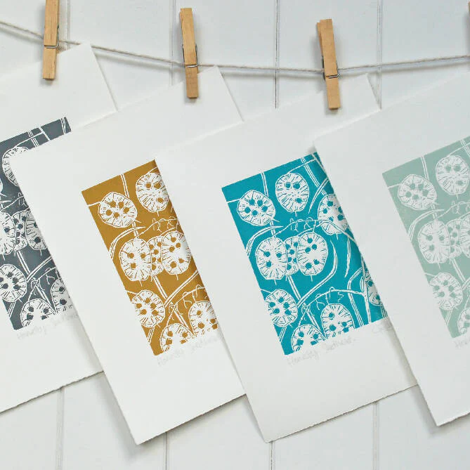 Honesty Seedhead in Teal Blue - Open Ended Edition - Original Linocut Print - Image 9