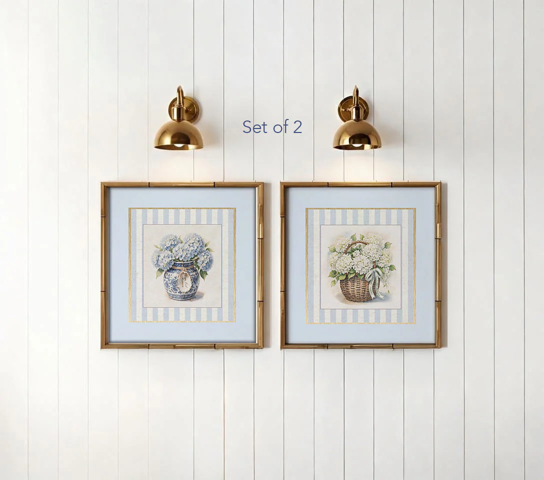 Hydrangea Prints Set of 2 Striped Botanical Basket Illustrations Nantucket Basket Blue and White Ginger Jar Art