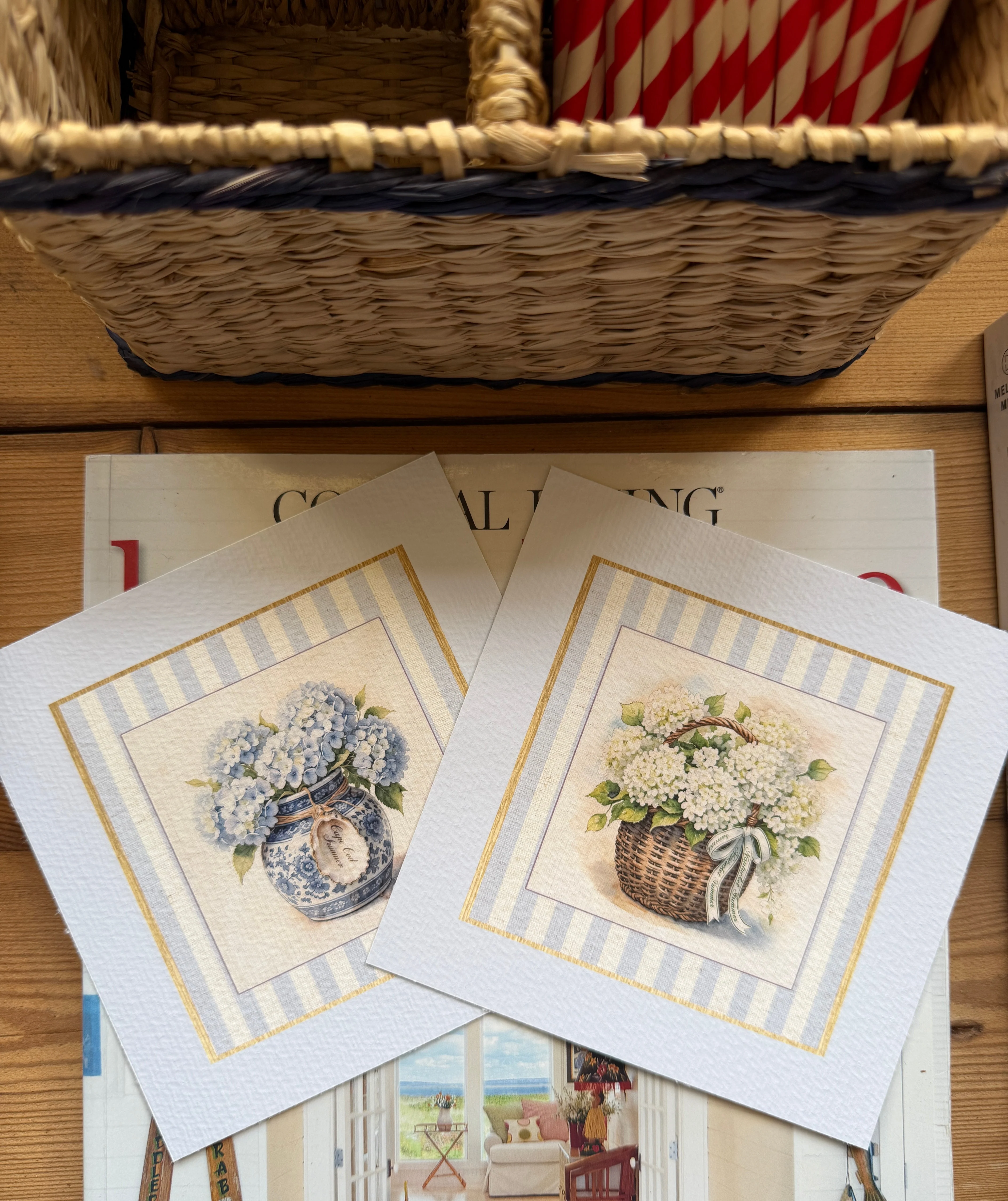 Hydrangea Prints Set of 2 Striped Botanical Basket Illustrations Nantucket Basket Blue and White Ginger Jar Art - Image 4