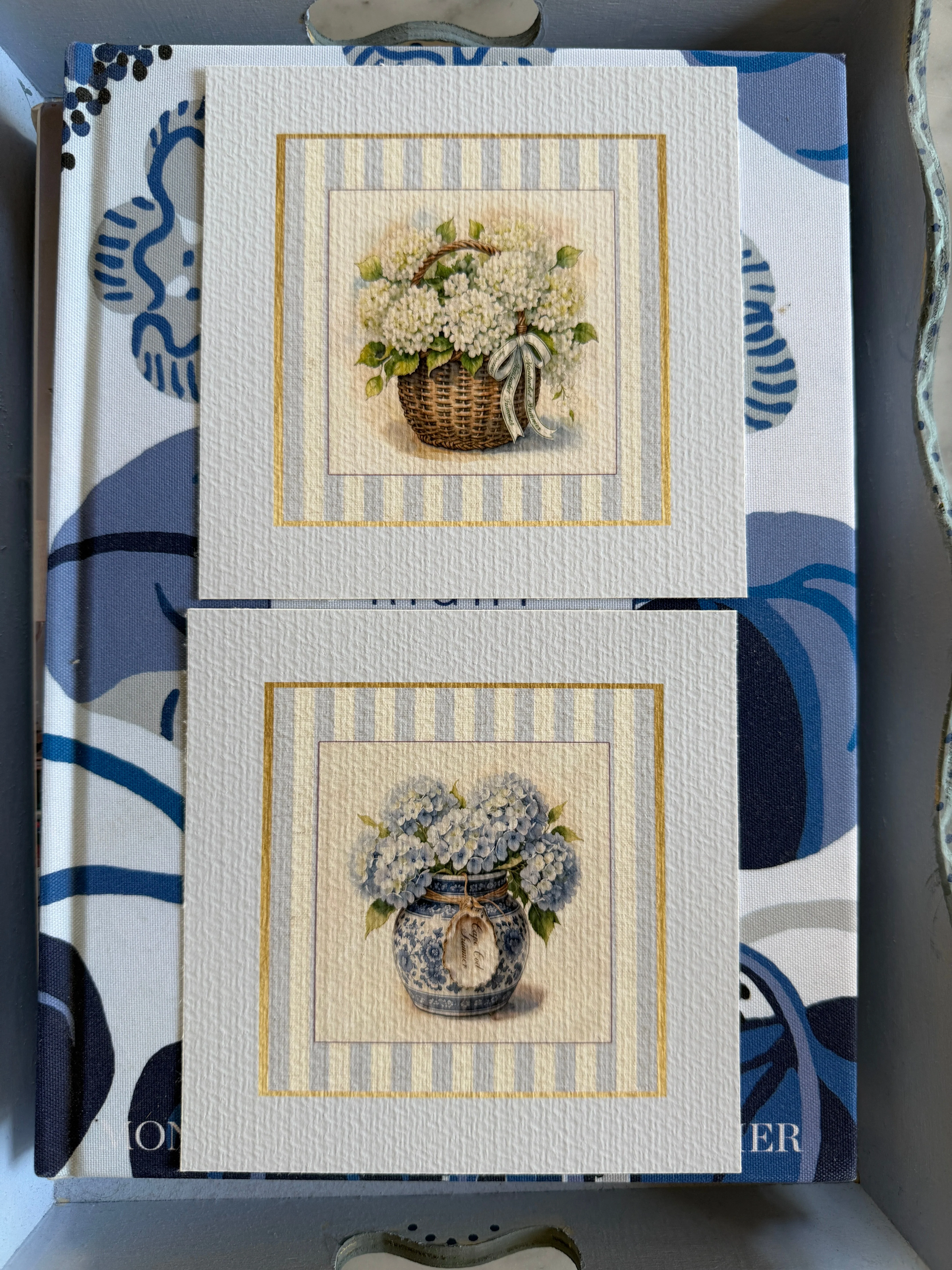 Hydrangea Prints Set of 2 Striped Botanical Basket Illustrations Nantucket Basket Blue and White Ginger Jar Art - Image 5
