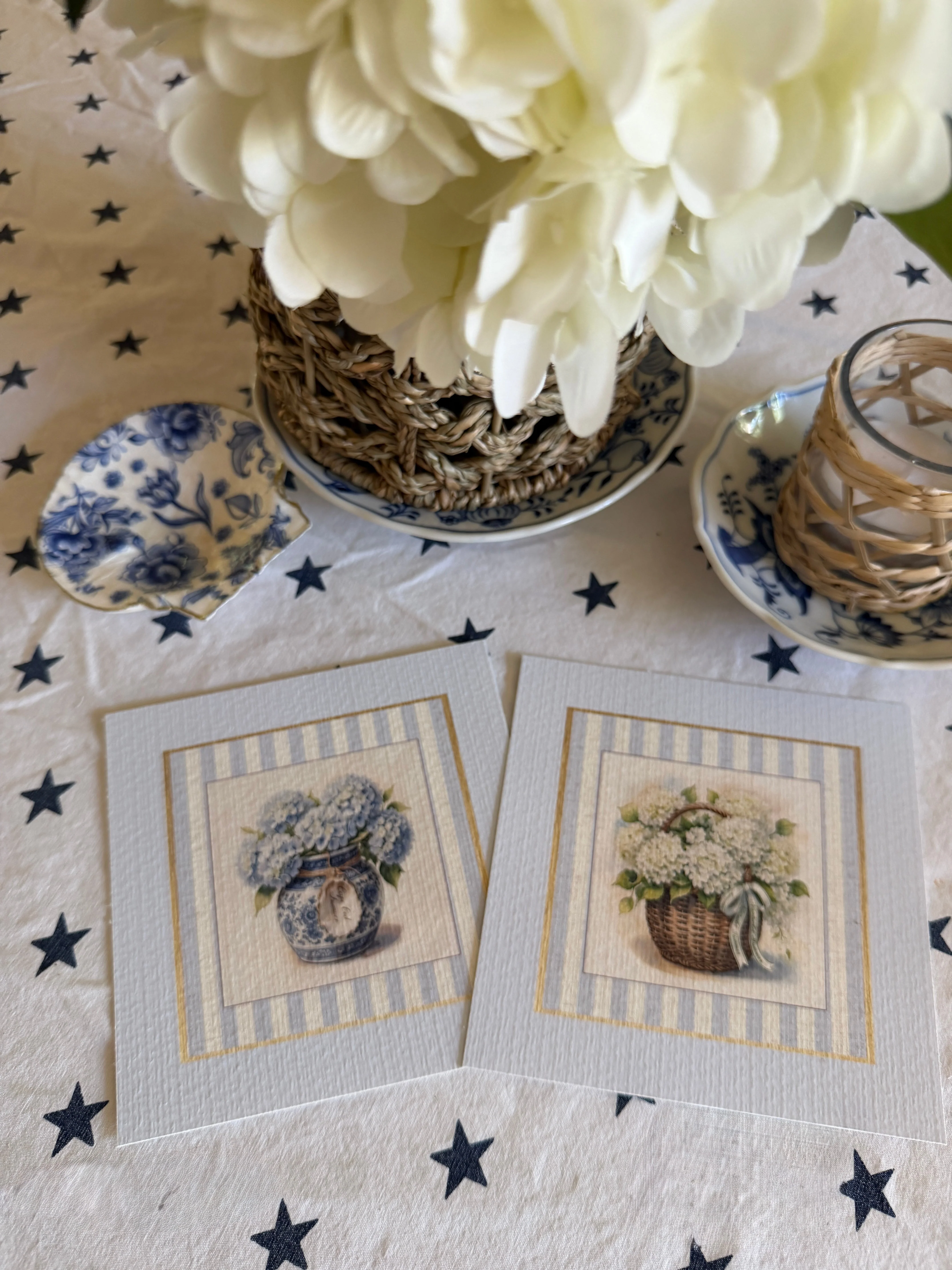 Hydrangea Prints Set of 2 Striped Botanical Basket Illustrations Nantucket Basket Blue and White Ginger Jar Art - Image 8