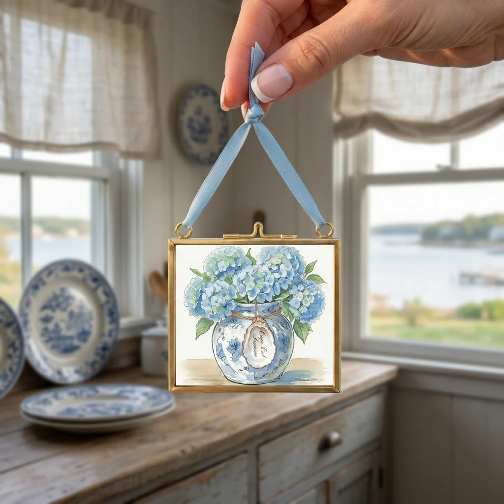 Hydrangea Ginger Jar Art Print Cape Cod Coastal Decor Mini Brass Frame New England Beach House Wall Art - Image 2