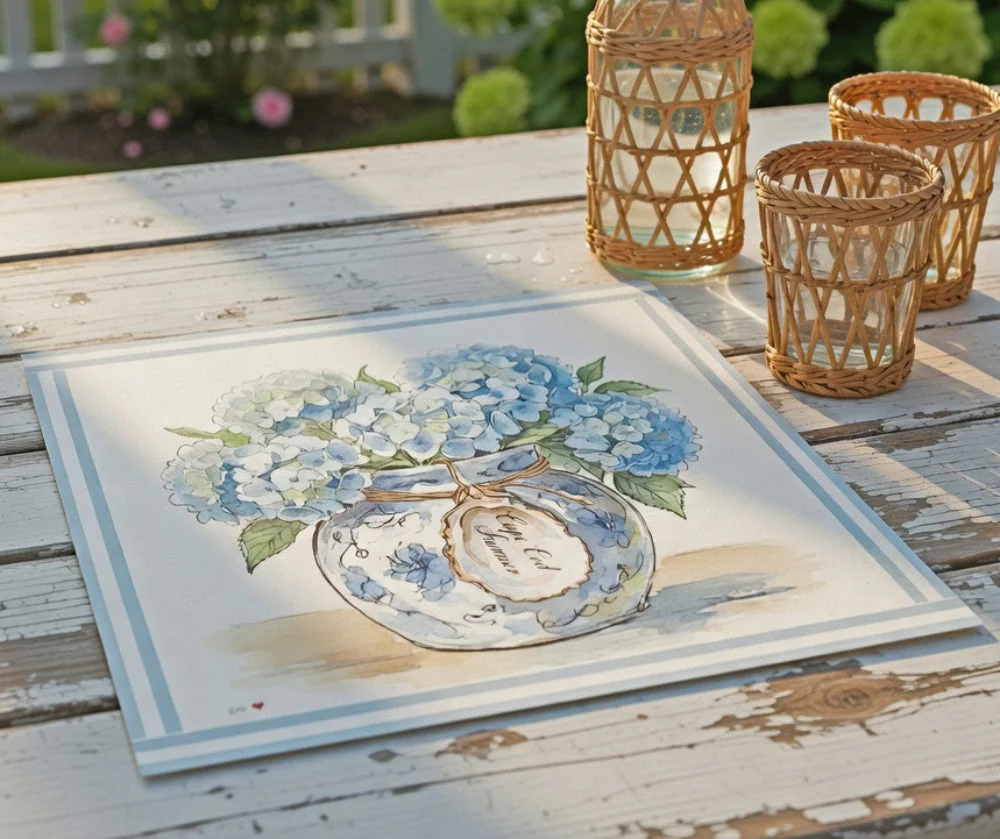 Hydrangea Ginger Jar Art Print Cape Cod Coastal Decor Mini Brass Frame New England Beach House Wall Art - Image 3