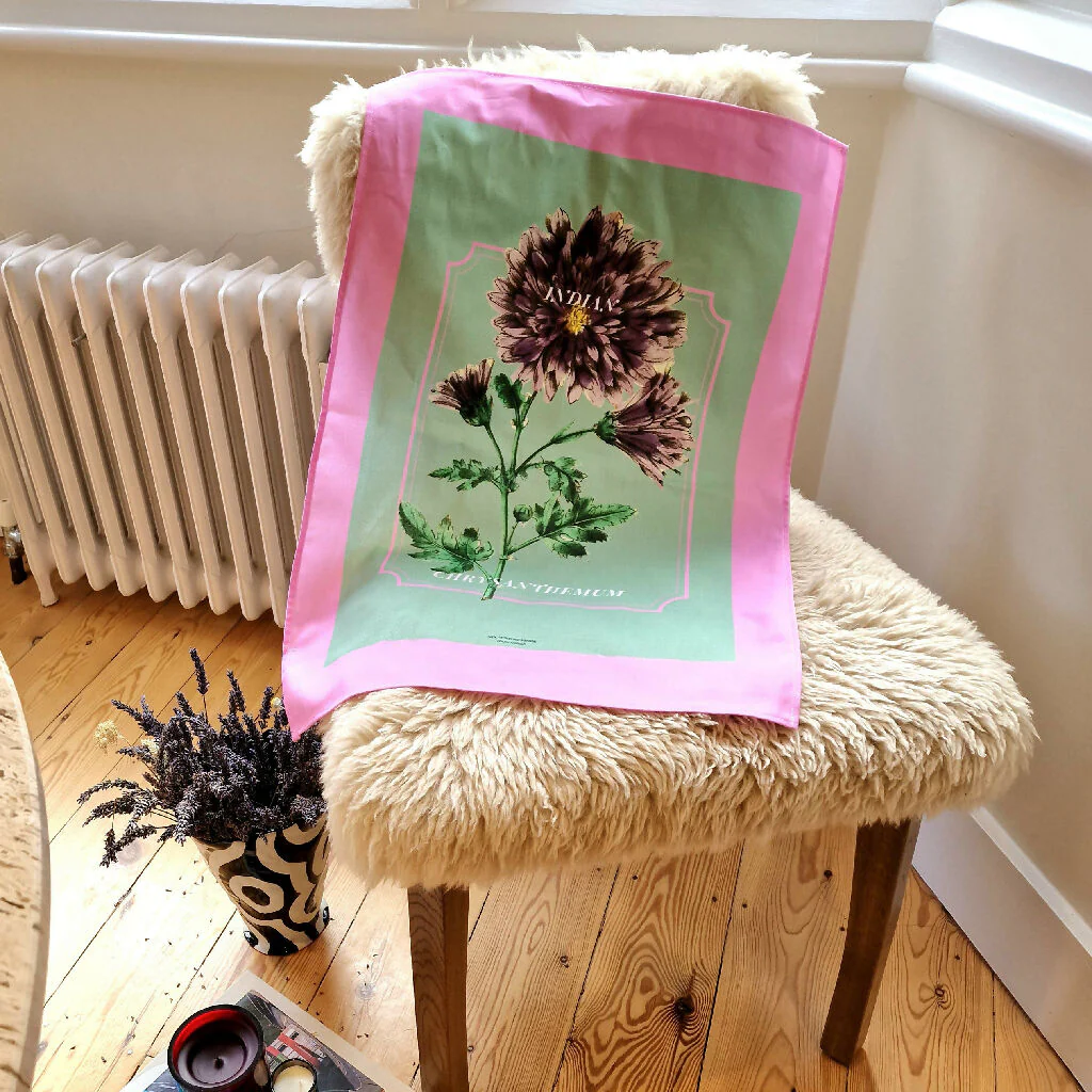 Indian Chrysanthemum Print Cotton Tea Towel in Pink and Green - Image 2