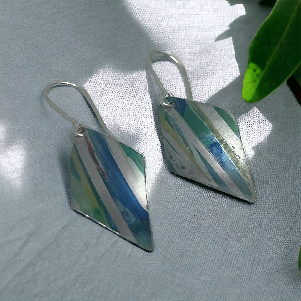 Iris Inspired Green and Blue Stripe Aluminium Earrings - Image 3