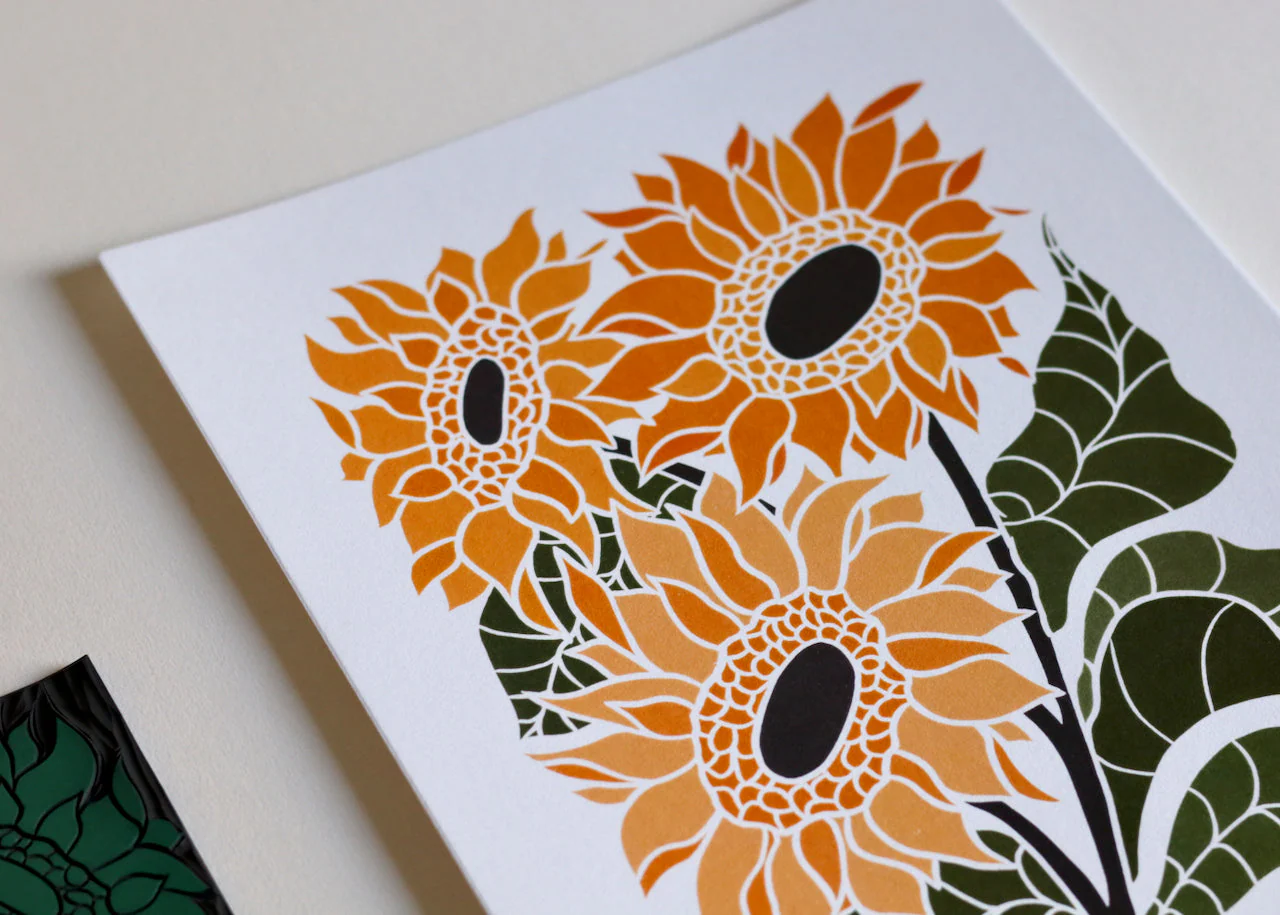 Joy Bloom Sunflowers Linocut | A5 or A4 Art Print on Cotton Paper - Image 3