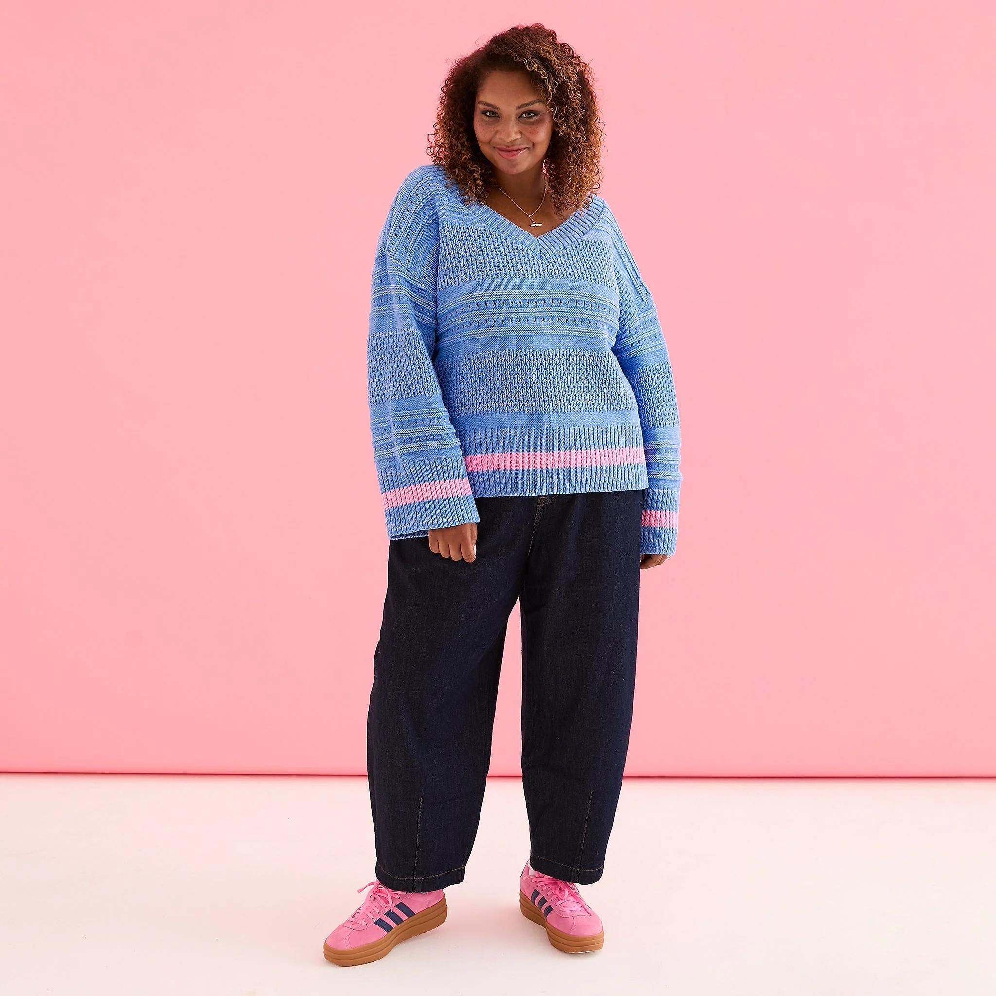 Judith Pointelle Stitch V Neck Jumper - Blue - Image 4