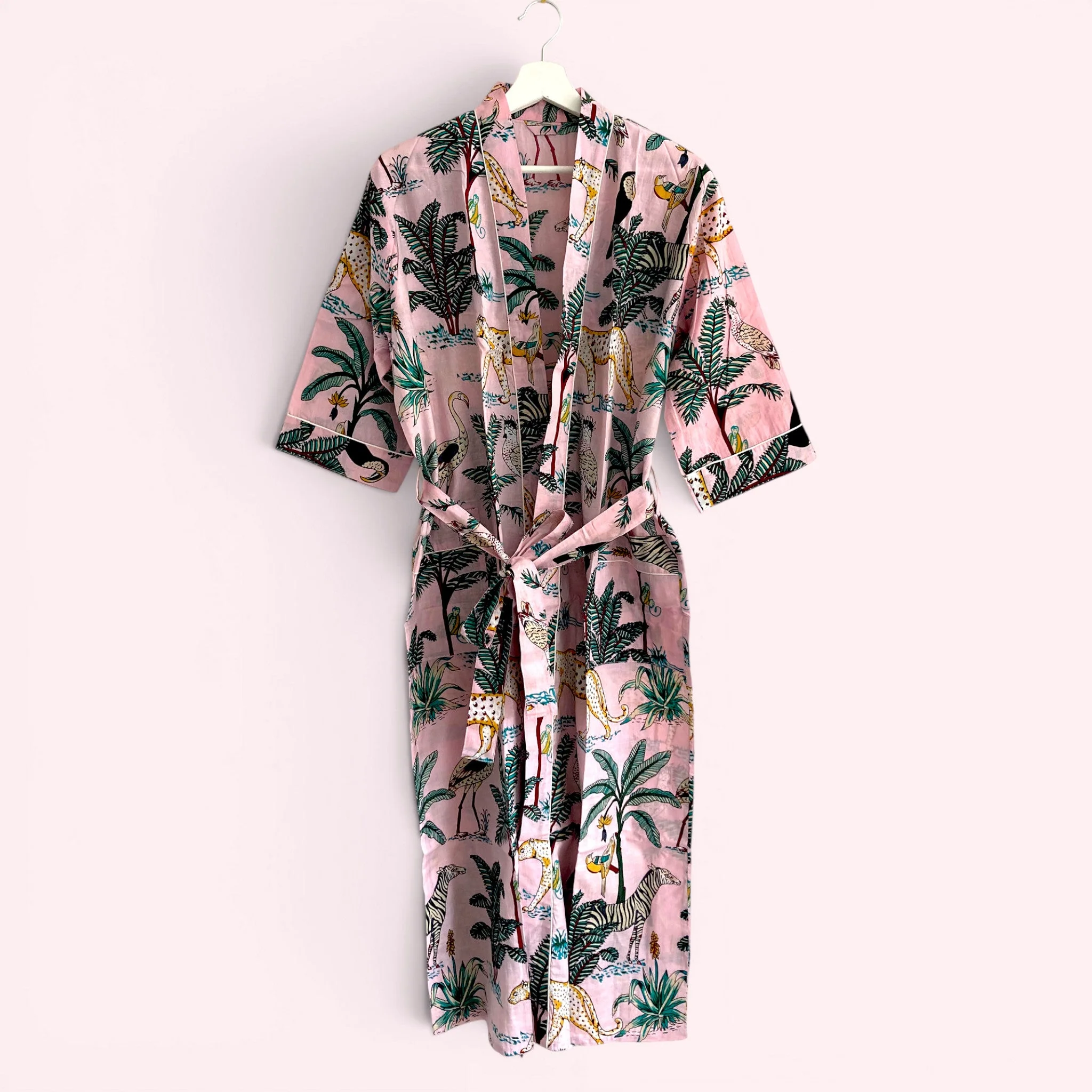 Jungle Print 100% Cotton Dressing Gown in Pale Pink - Image 2