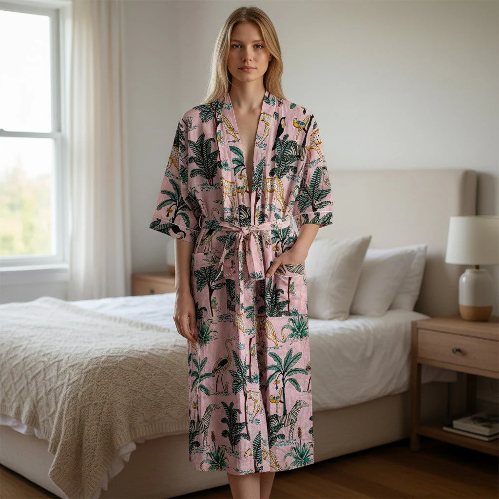 Jungle Print 100% Cotton Dressing Gown in Pale Pink - Image 6