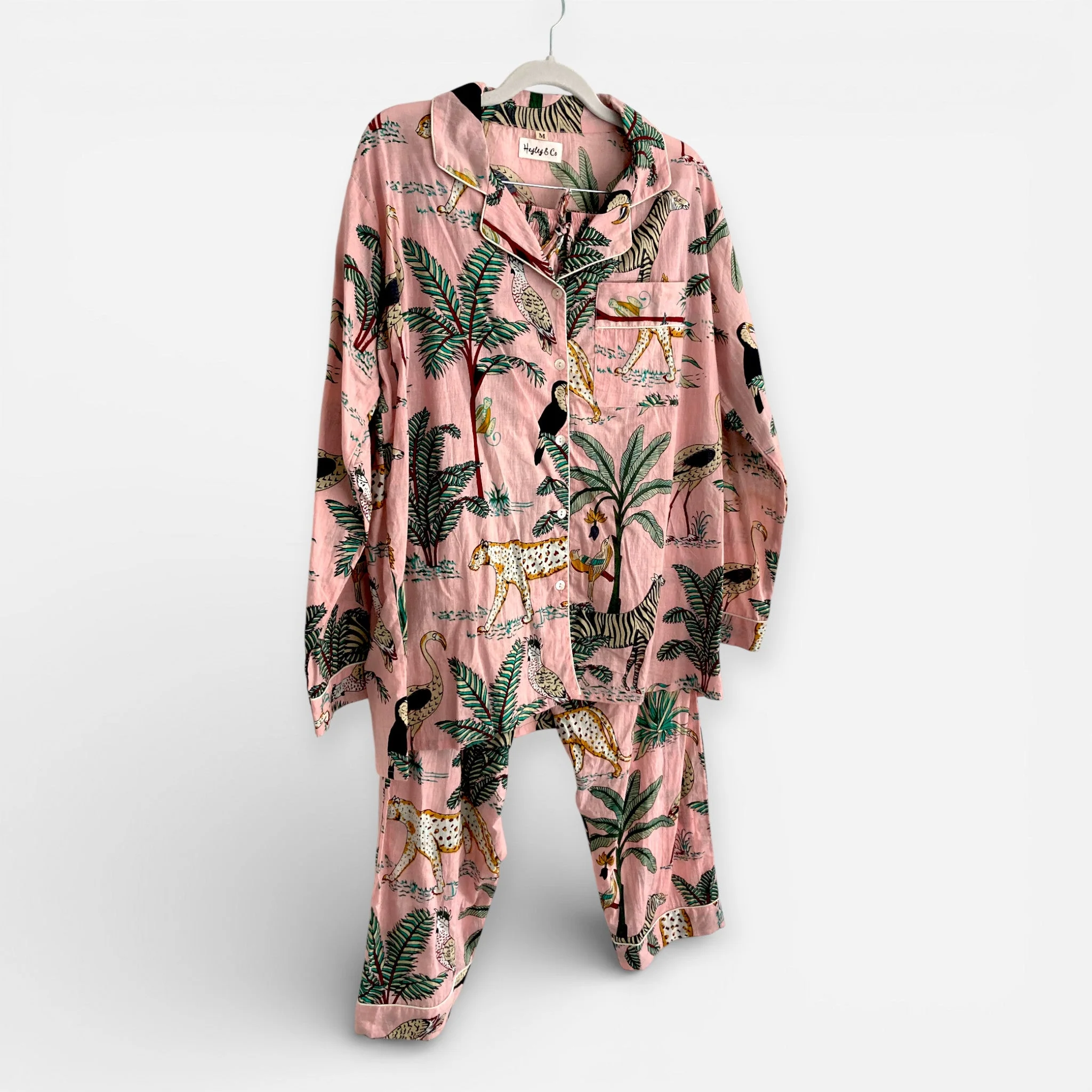 Jungle Print 100% Cotton Long Pyjama Set in Pale Pink - Image 5