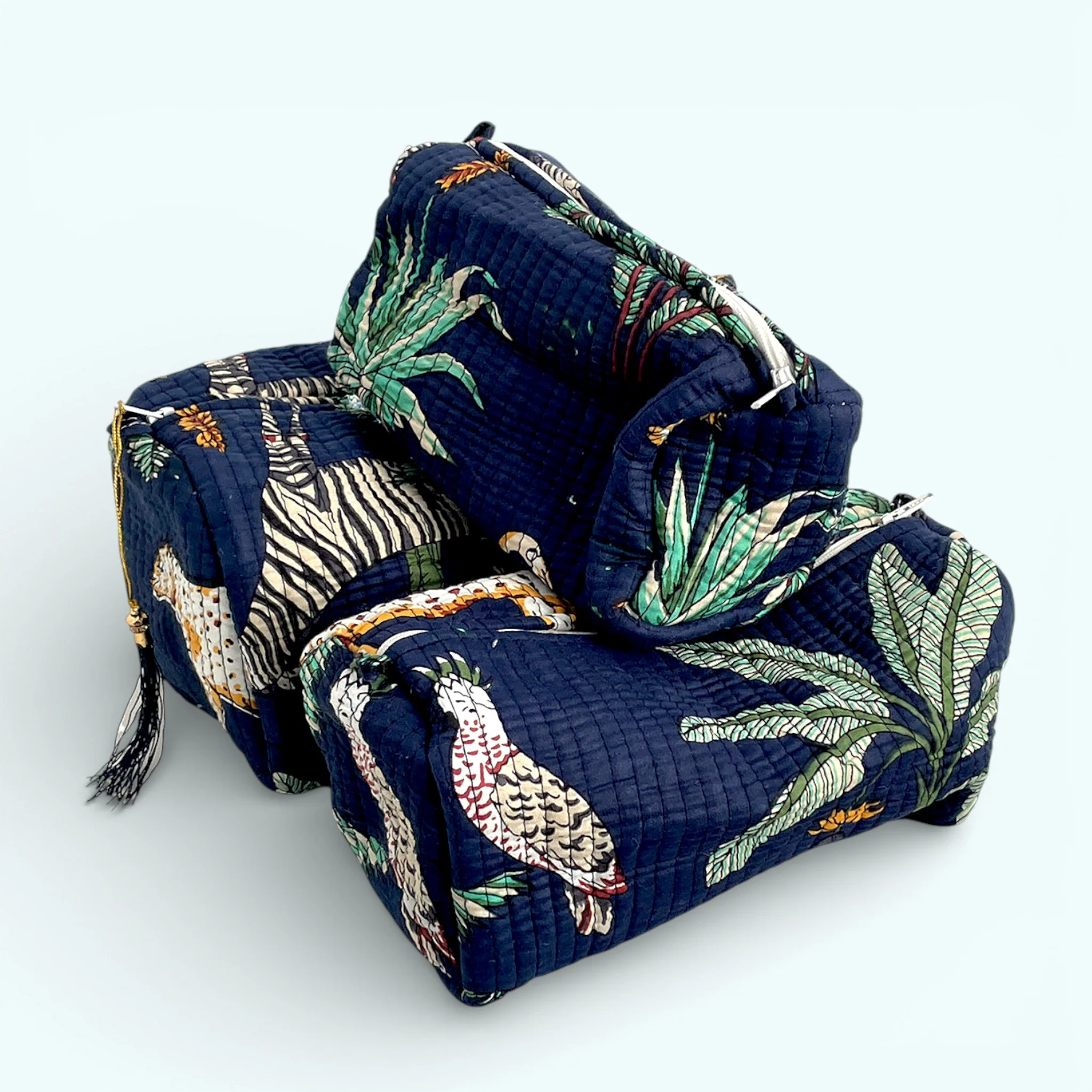 Jungle Print Cotton Washbag, Make Up Bag, Pencil Case with Waterproof Lining - Jungle Animal Print in Navy Blue - Image 2