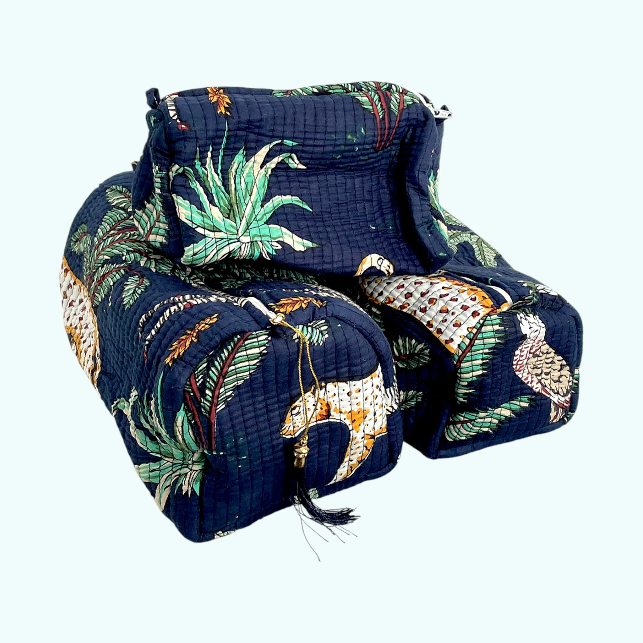 Jungle Print Cotton Washbag, Make Up Bag, Pencil Case with Waterproof Lining - Jungle Animal Print in Navy Blue - Image 3