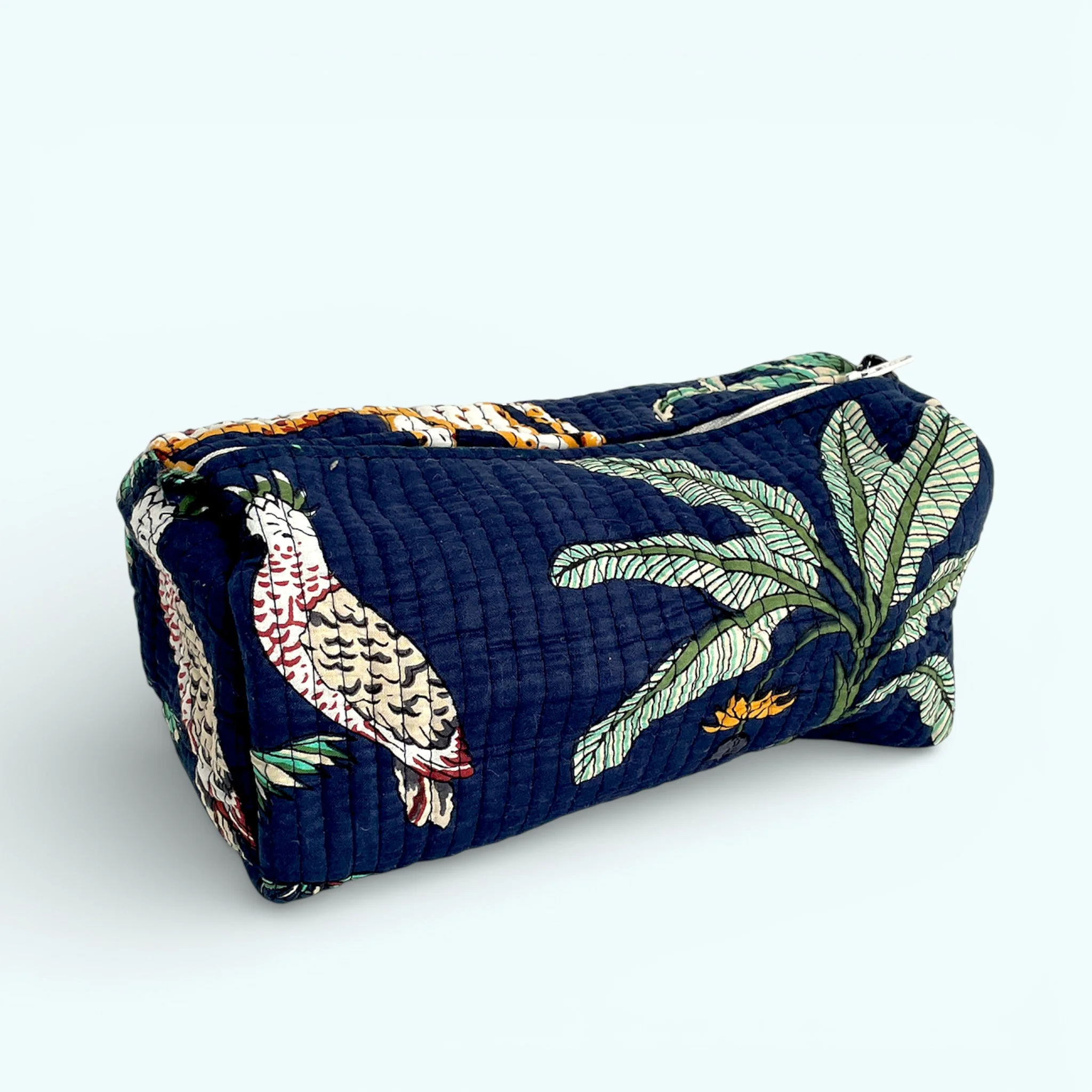 Jungle Print Cotton Washbag, Make Up Bag, Pencil Case with Waterproof Lining - Jungle Animal Print in Navy Blue - Image 4