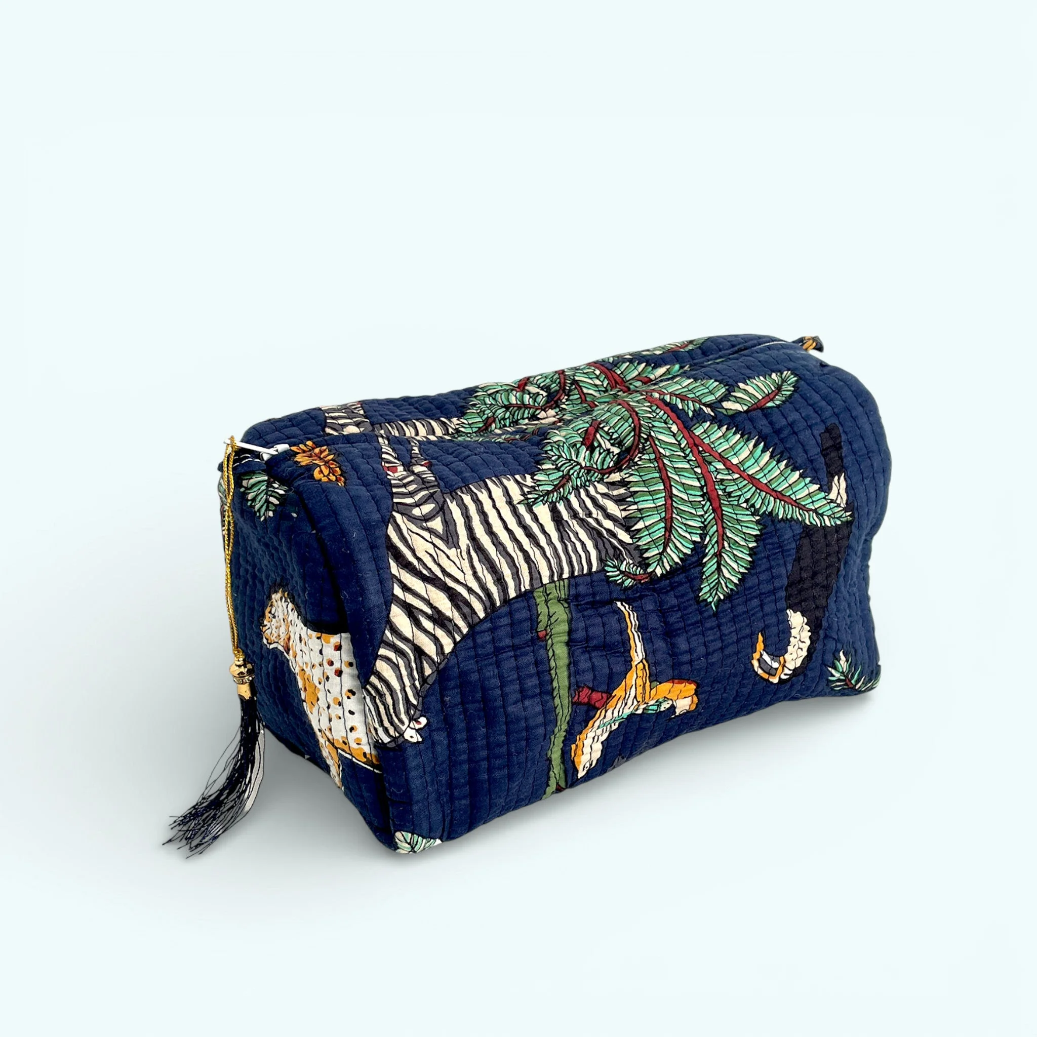 Jungle Print Cotton Washbag, Make Up Bag, Pencil Case with Waterproof Lining - Jungle Animal Print in Navy Blue - Image 5