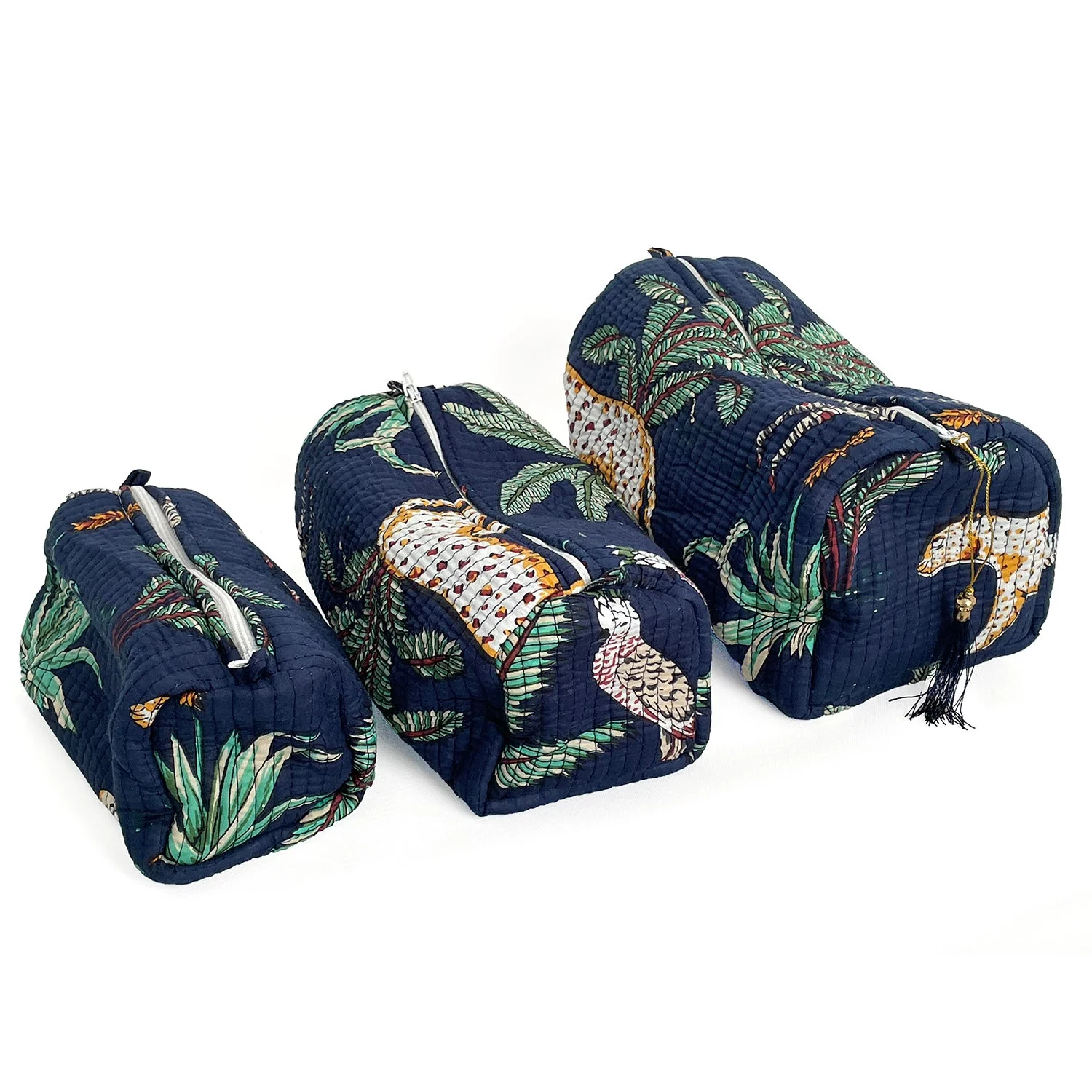 Jungle Print Cotton Washbag, Make Up Bag, Pencil Case with Waterproof Lining - Jungle Animal Print in Navy Blue - Image 6
