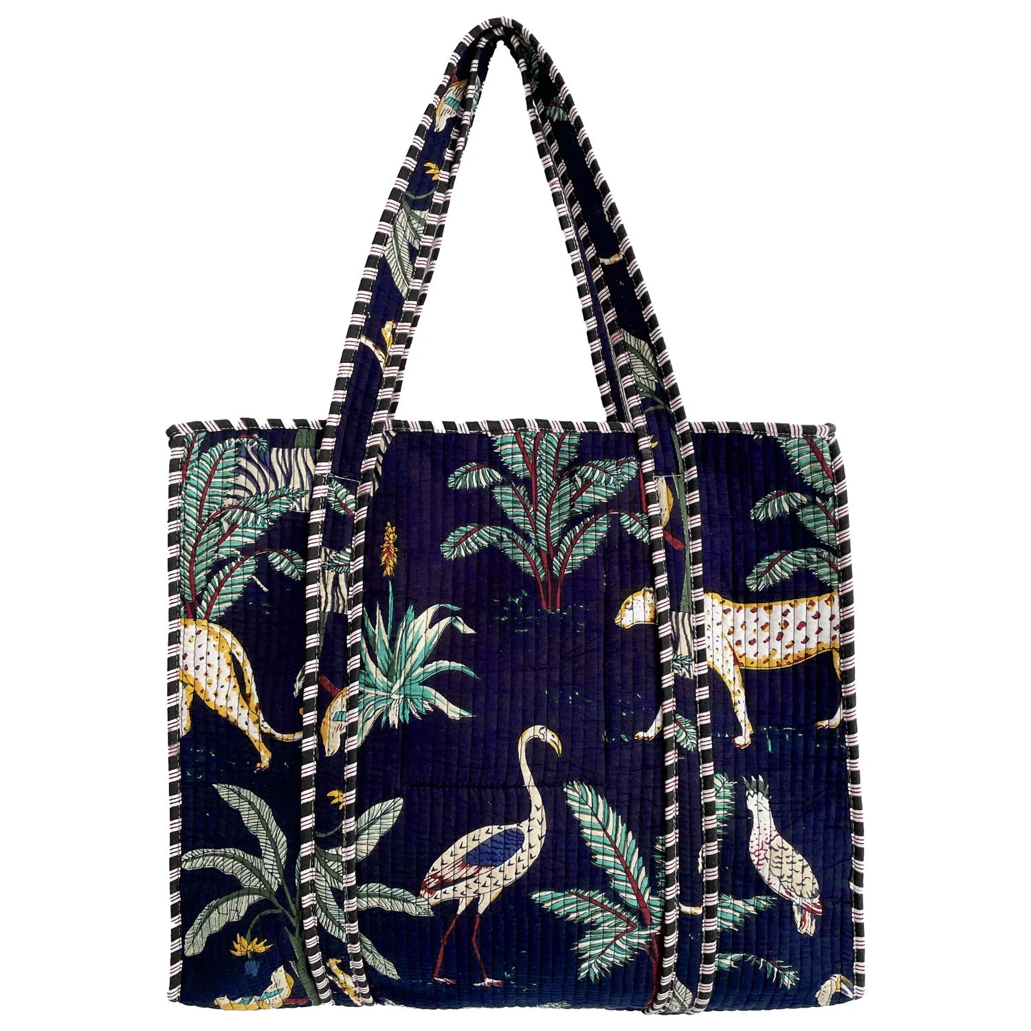 Jungle Print Large Quilted Cotton Tote Shoulder Bag in Navy Blue - Image 2