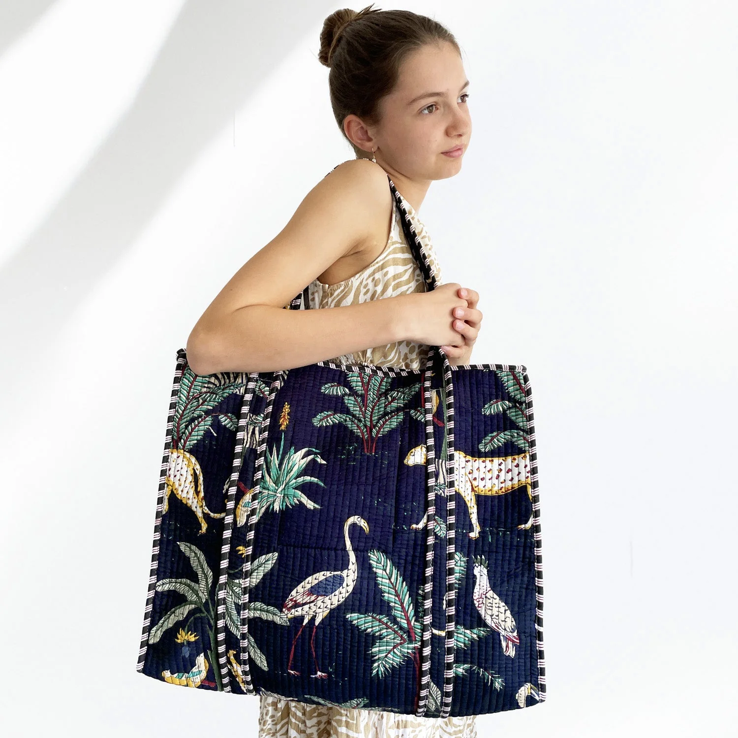 Jungle Print Large Quilted Cotton Tote Shoulder Bag in Navy Blue - Image 3