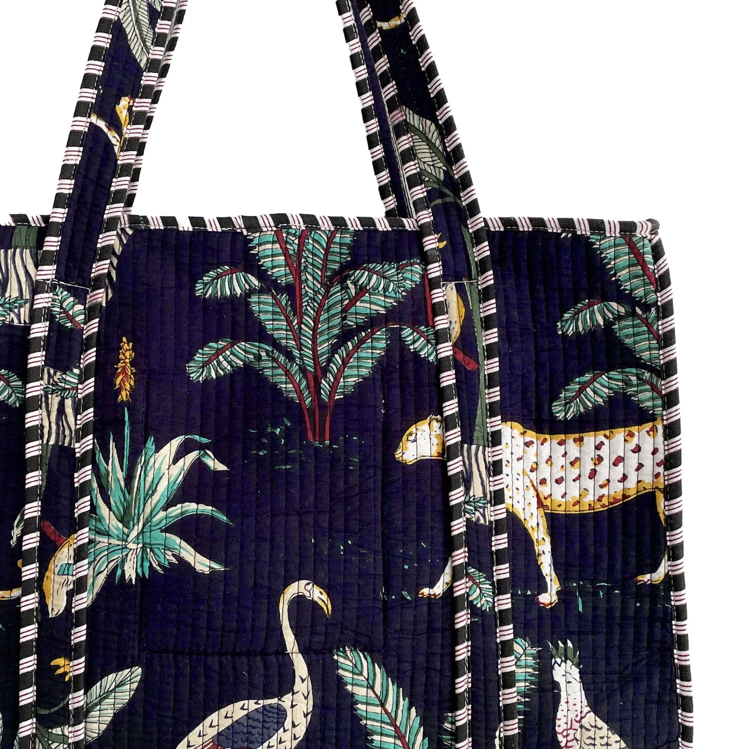 Jungle Print Large Quilted Cotton Tote Shoulder Bag in Navy Blue - Image 4