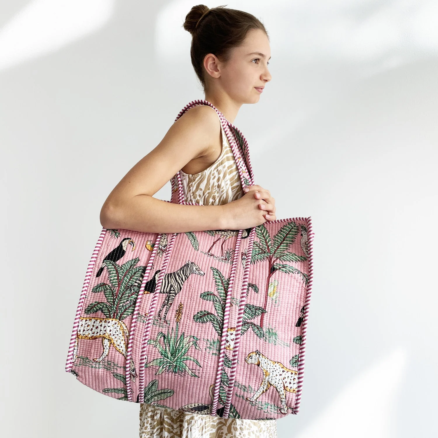 Jungle Print Large Quilted Cotton Tote Shoulder Bag in Pink - Image 4