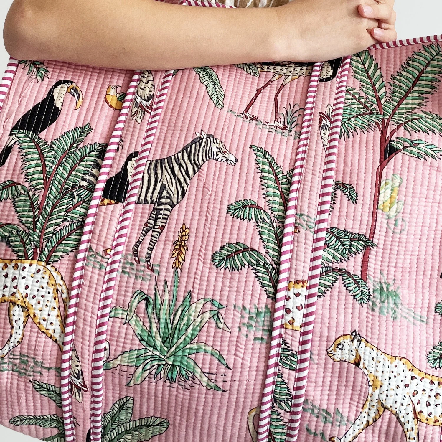 Jungle Print Large Quilted Cotton Tote Shoulder Bag in Pink - Image 5