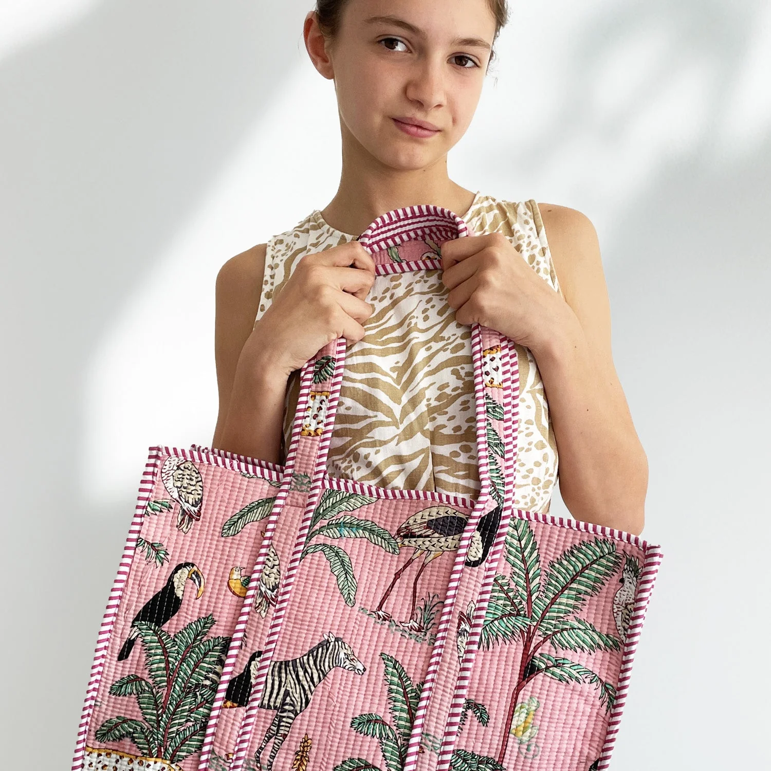 Jungle Print Large Quilted Cotton Tote Shoulder Bag in Pink - Image 7