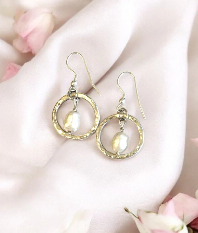 Keshi Pearl Earrings within Organic Silver Circles