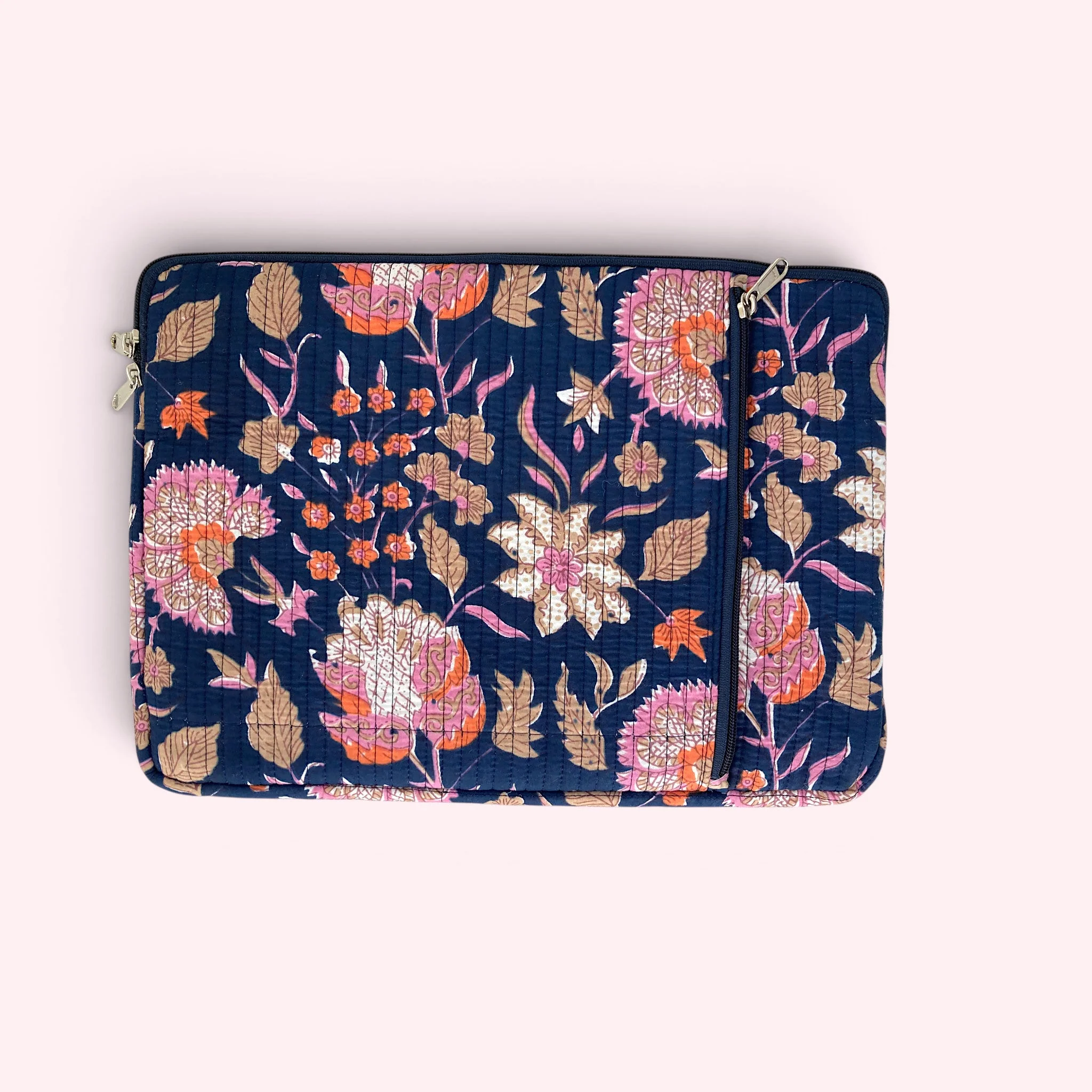 Laptop or iPad Case | Navy and Pink Block Print Floral - Image 2