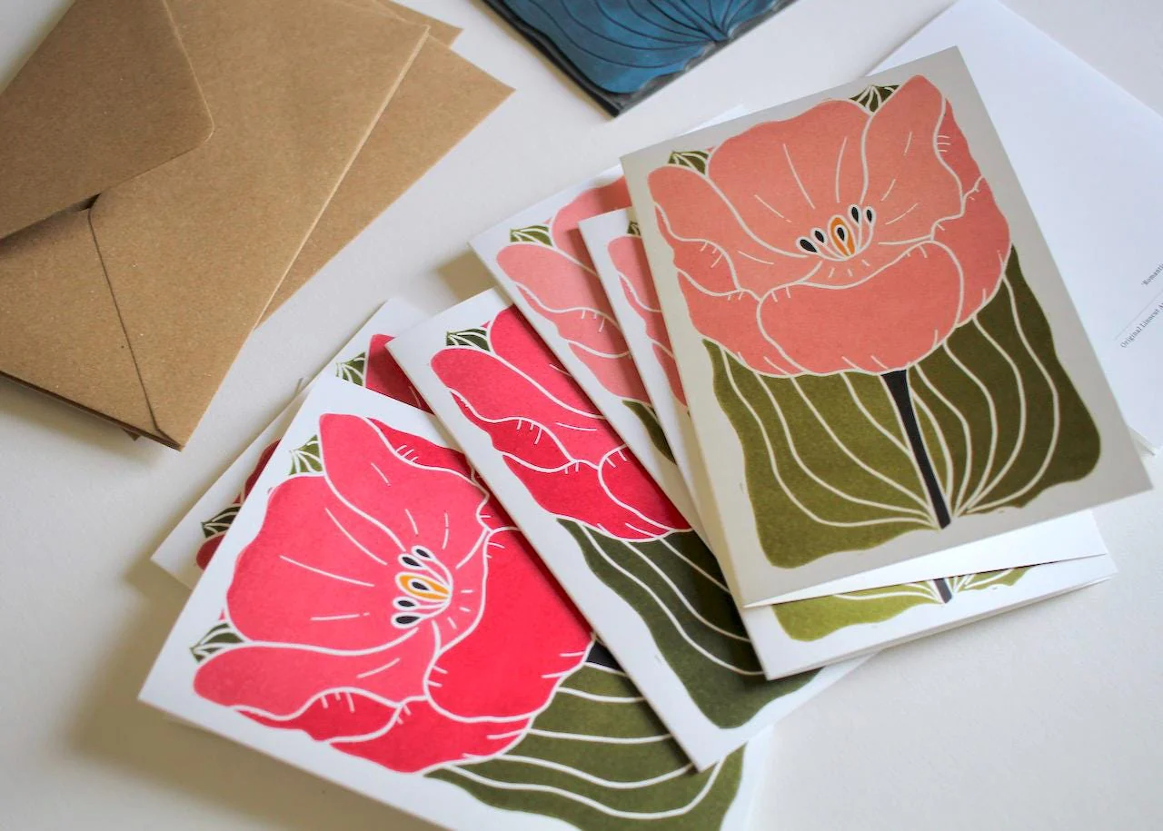 Large Romantic Pink Tulip Flower Cards | Set of 8 Notecards & Envelopes