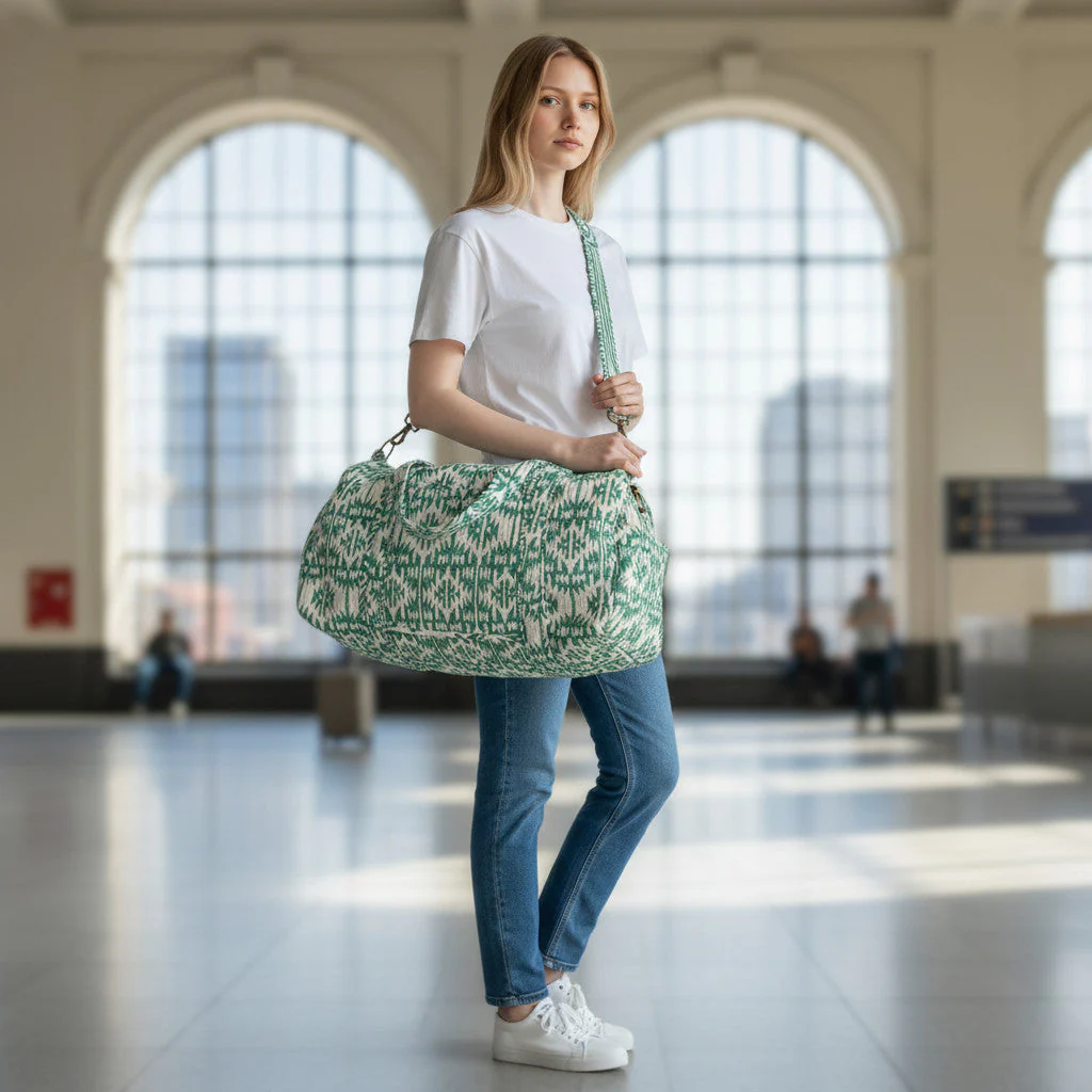 Large Weekend Duffle Bag | Mint Green Geometric Block Print - Image 3