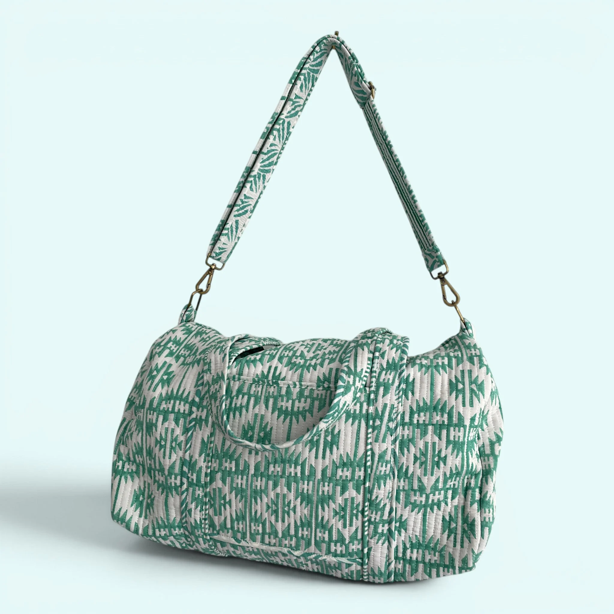 Large Weekend Duffle Bag | Mint Green Geometric Block Print - Image 4