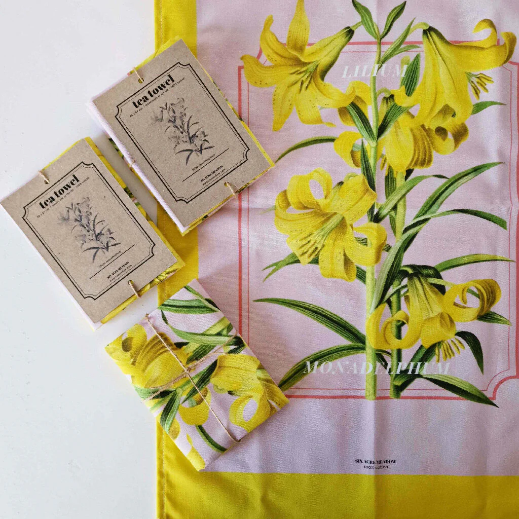 Lily Print Cotton Tea Towel in Pink and Yellow
