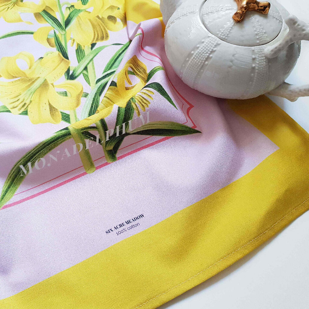 Lily Print Cotton Tea Towel in Pink and Yellow - Image 3
