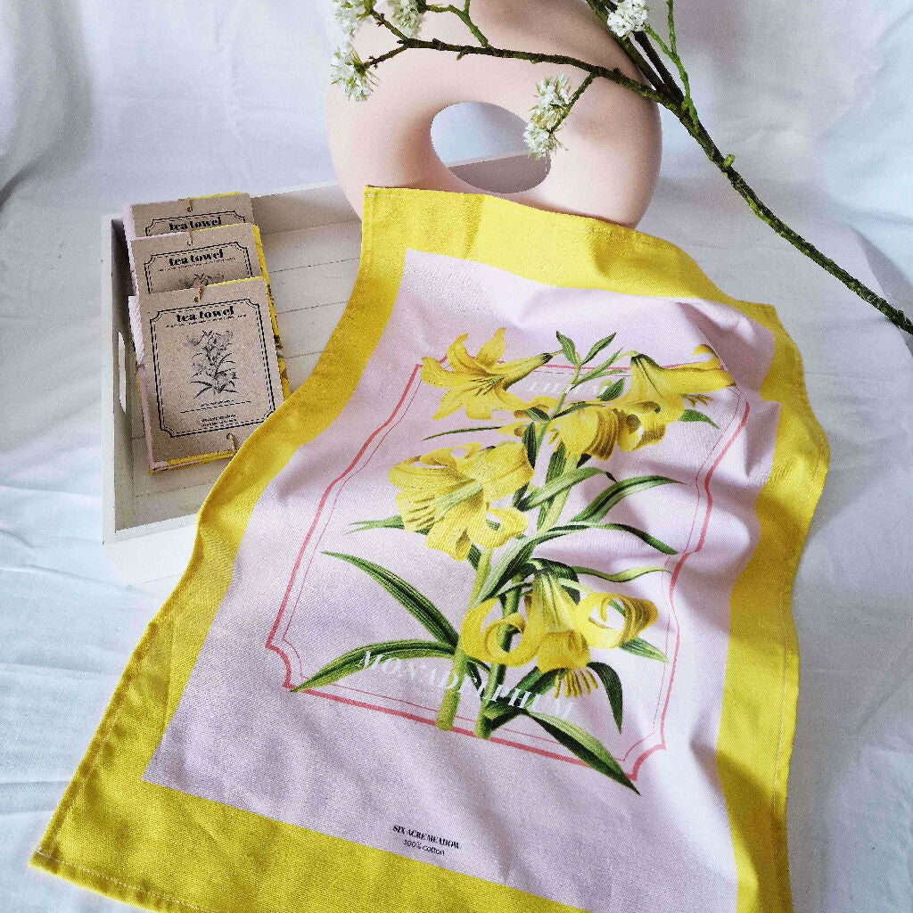 Lily Print Cotton Tea Towel in Pink and Yellow - Image 5