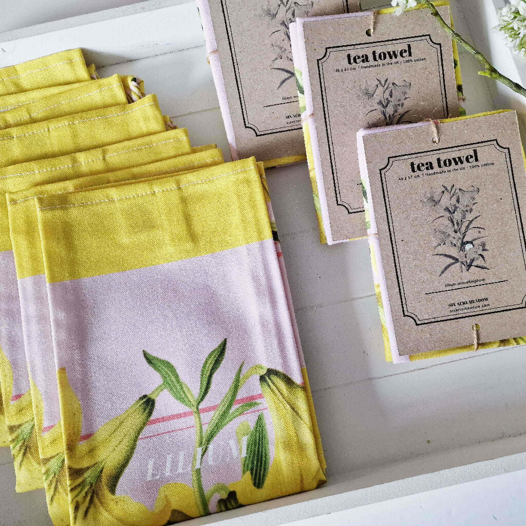 Lily Print Cotton Tea Towel in Pink and Yellow - Image 7